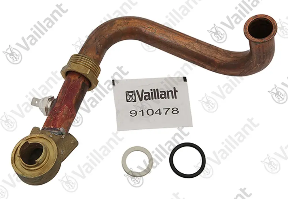 Vaillant Rohr in gebogener Form, aus Kupfer mit Anschlussgewinde, begleitet von zwei Dichtungen. Sichtbarer Produktcode auf einem weißen Etikett.